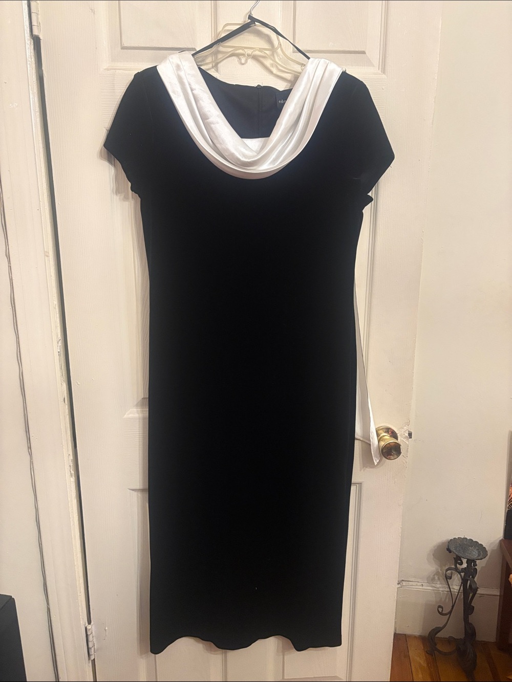 connected apparel Black Midi Dress with White Draped Collar